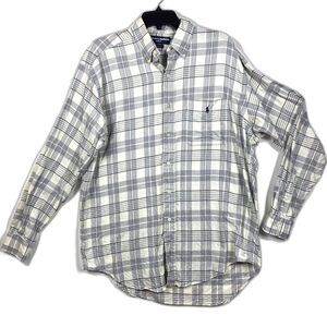 Ralph Lauren Golf Shirt Mens Medium Tilden Button Up Long Sleeve Gray Plaid Grey